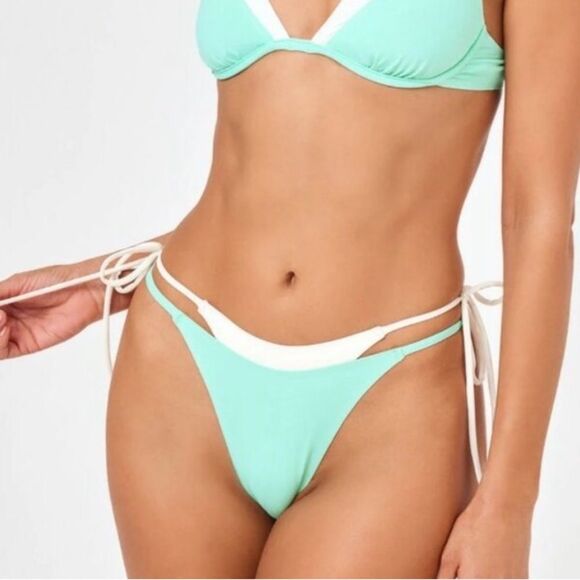 NWT LSPACE x Revolve Seamless Mackena Bikini Bottom Bright Teal-Cream Medium - Picture 1 of 6